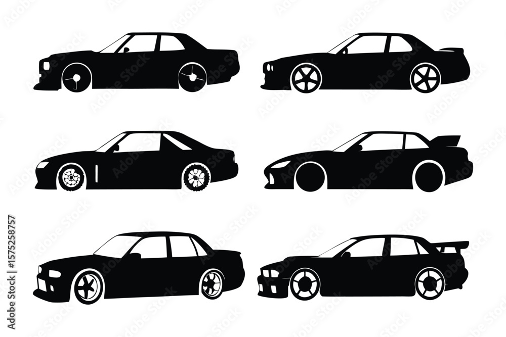 Fototapeta premium Automotive silhouettes: A sleek and modern design that features a range of silhouettes of different car models, ideal for conveying speed, luxury, and style.