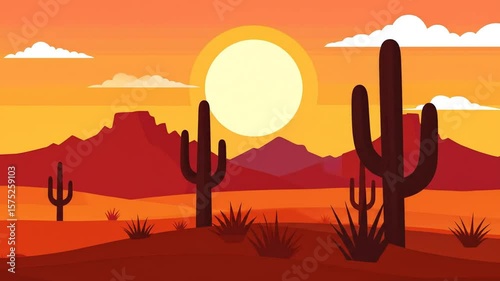 Stylized desert scene depicts a sunset over red mountains, cacti, and sparse vegetation. Warm orange and red tones. Simple shapes