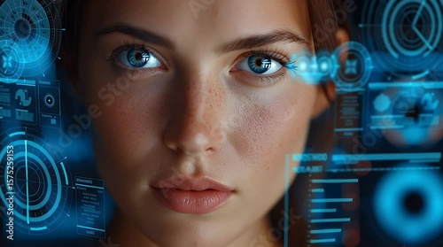 Gazing into Tomorrow: A woman gazes directly at the viewer, her eyes reflecting a fusion of futuristic tech interfaces and deep, contemplative emotion. Highlighting the future's potential