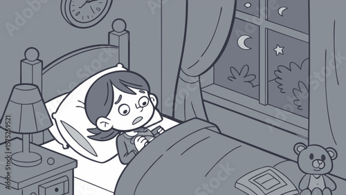 Illustration of insomnia sleeplessness in child girl at night in bed room with moon star clock
