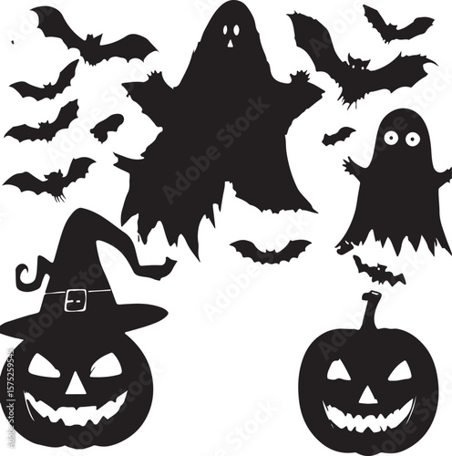 Spooky Halloween Silhouettes Ghosts, Bats, Pumpkins, and Witch Hat
