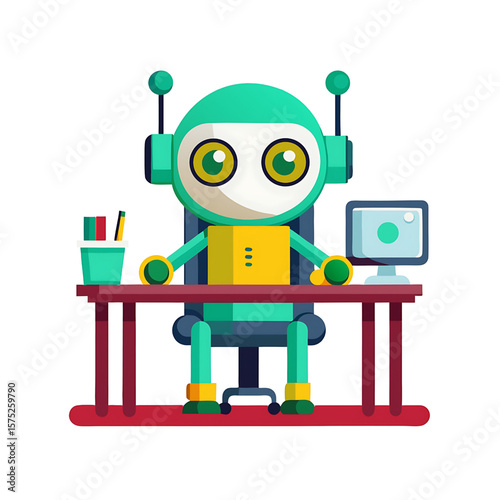 Green Robot Working at Desk, AI Computing and Automation