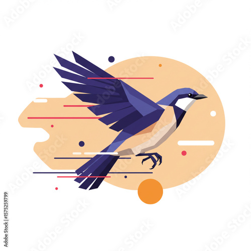 A stylized blue bird in dynamic flight, depicted with geometric shapes and motion lines against a muted orange background.