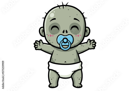 Cartoon Zombie Baby with Pacifier and Diaper Arms Open.