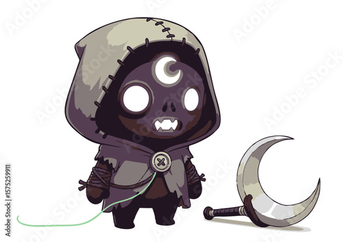Cartoon Grim Reaper Character with Hood Crescent Moon Symbol and Scythe.