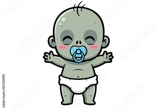 Cute Cartoon Zombie Baby with Pacifier and Open Arms Smiling.