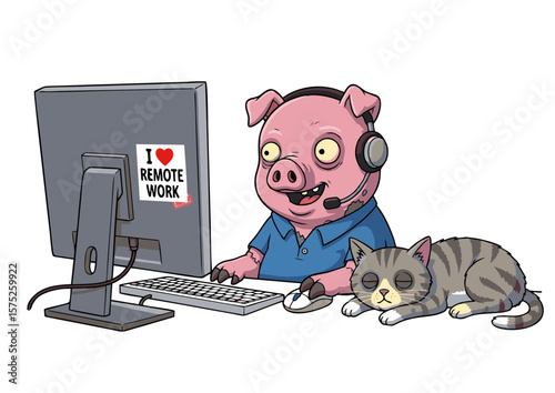 Cartoon Pig Working Remotely with Headset Computer and Cat Smiling.