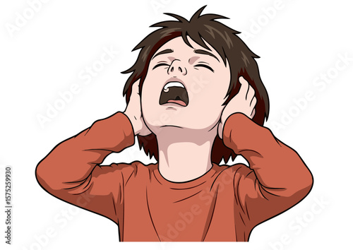 Cartoon Child Covering Ears with Hands Expressing Loud Noise.