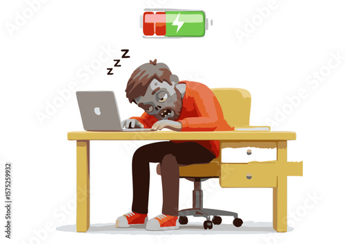 Exhausted Zombie Cartoon Character Asleep at Desk with Laptop.