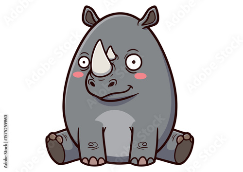 Cute Cartoon Rhino with Blush Horn and Smiling Expression.