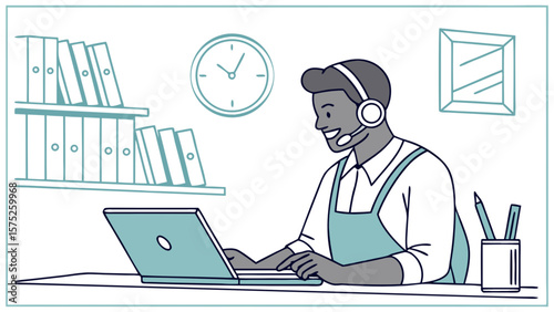 Customer service representative working on laptop in office call center support illustration concept