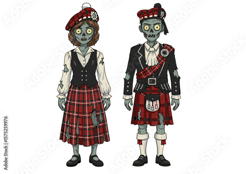 Cartoon Zombie Couple in Scottish Highland Attire with Tartan Patterns.