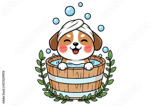 Cartoon Beagle Puppy Enjoying a Relaxing Bath in Wooden Tub.