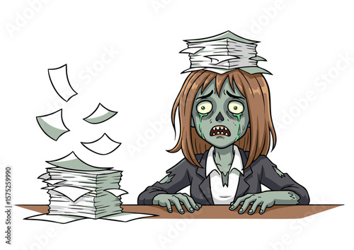 Cartoon Zombie Businesswoman Overwhelmed with Paperwork and Crying Green Tears.