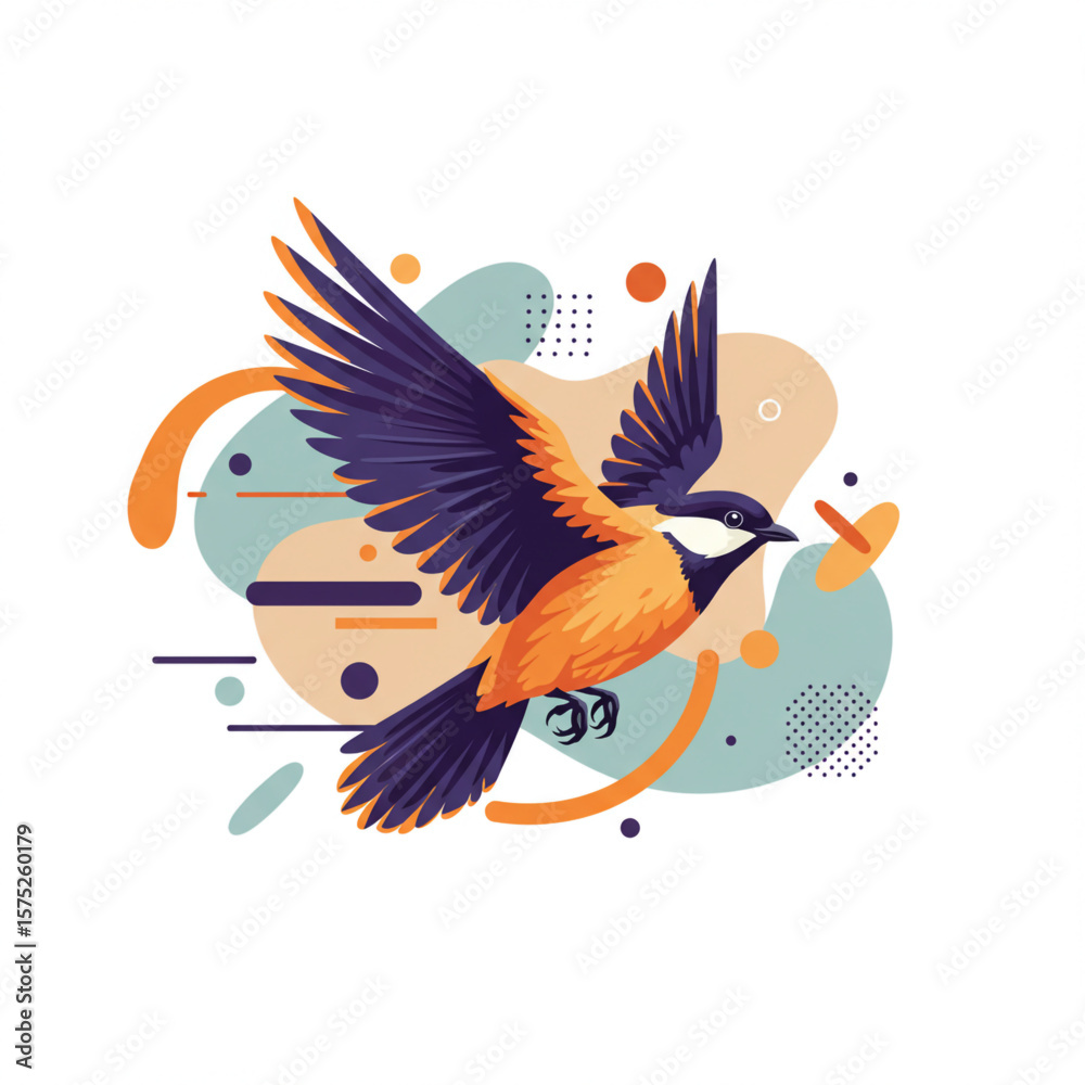 Obraz premium A vibrant illustration of a bird in flight, surrounded by abstract shapes and patterns.