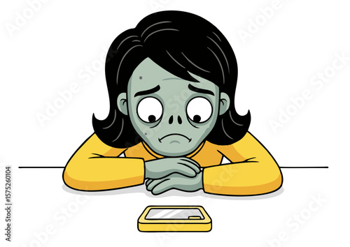 Sad Zombie Girl Leaning Forward Gazing at Smartphone.