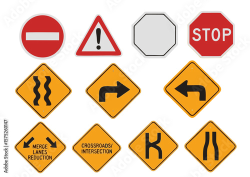 Collection of Various Road Traffic Signs with Different Shapes and Colors.