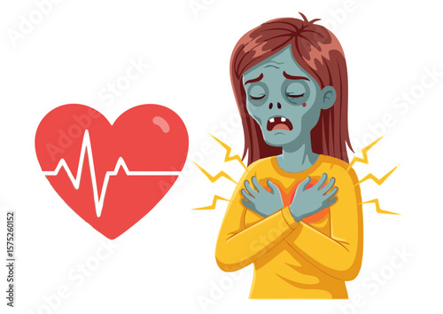 Zombie Woman with Chest Pain Grasping Heart Distressed Expression Greenish Skin Tone.