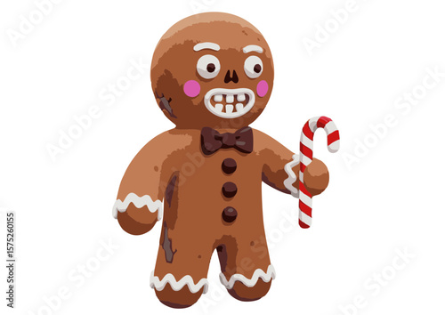 Cartoon Gingerbread Man with Candy Cane and Bowtie Brown Texture.