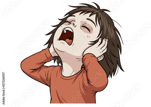 Cartoon Child with Wide Open Mouth Covering Ears in Distress.