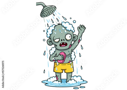 Cartoon Zombie Taking a Shower with Soap Suds.