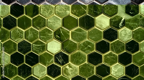 Hexagonal black and grey marble tile pattern.