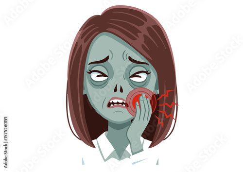 Cartoon Zombie Woman with Toothache Holding Cheek in Pain.
