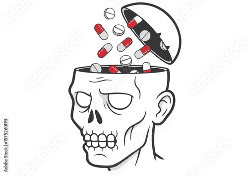 Zombie Head Filled with Pills Depicting Mental Health Issues.