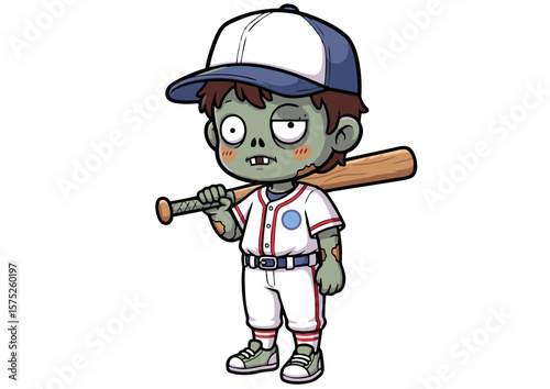 Cartoon Zombie Baseball Player with Bat and Uniform Illustration.