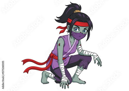 Cartoon Zombie Ninja Crouching Wearing Purple Outfit and Red Bandana.