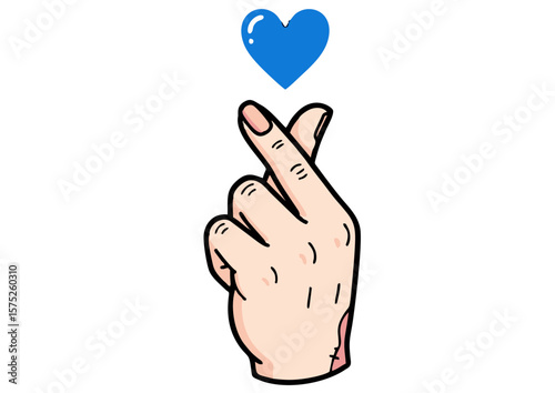 Cartoon Hand Gesture Forming Heart Shape with Blue Heart Above.