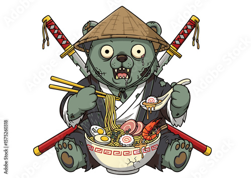 Zombie Bear Samurai Eating Ramen with Chopsticks and Swords.