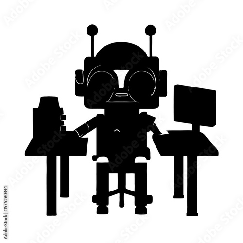 black silhouettes Busy Robot Working at Desk, AI and Digital Office Automation