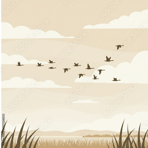 A flock of geese in V-formation migrates across a serene, pale sky above a tranquil landscape.