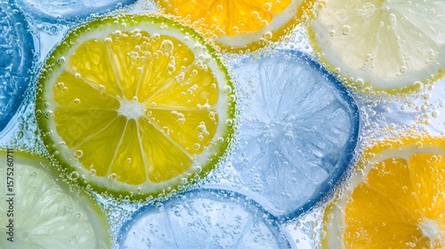 Vibrant citrus slices in bubbly water.