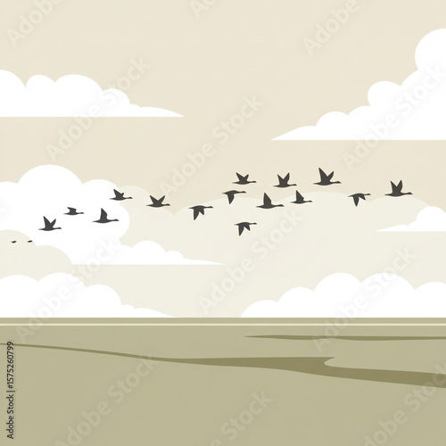 A flock of geese flies in formation across a flat landscape under a cloudy sky.