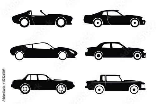 Silhouette of Cars: A collection of sleek, modern car silhouettes showcases automotive design and transportation, perfect for conveying speed and mobility.