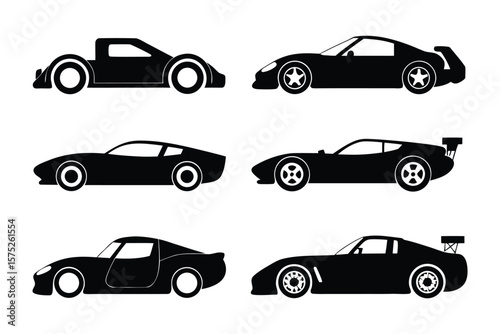 Race Car Silhouettes: A sleek collection of monochrome race car silhouettes, each embodying speed and precision, creating a dynamic graphic for automotive or design projects.