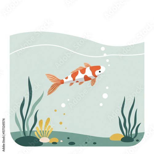 Illustration of a koi fish swimming in an aquarium with aquatic plants and bubbles.