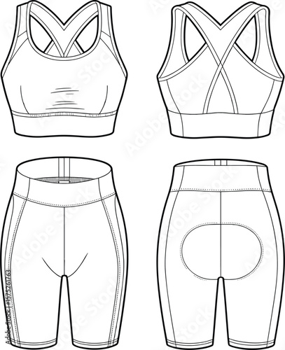 CAD drawing flat vector illustration of women’s sports bra and padded cycling shorts technical fashion sketch front and back view