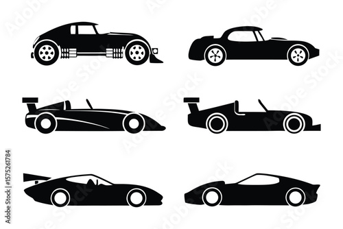 Stylish Auto Silhouettes: Set of stylized, high-performance car silhouettes, offering a sleek visual of speed and design, perfect for automotive themes.