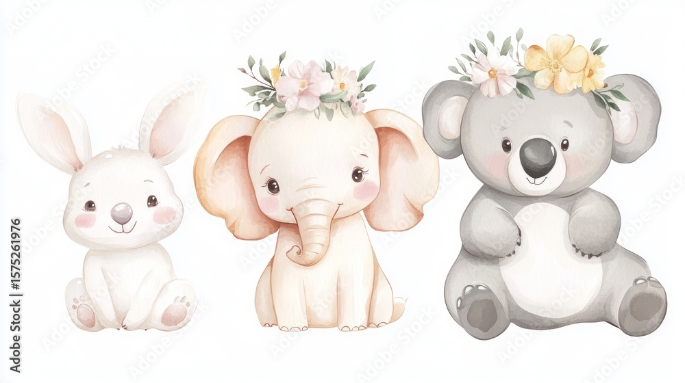 Obraz premium Three watercolor animals a bunny, an elephant, and a koala bear with flower crowns