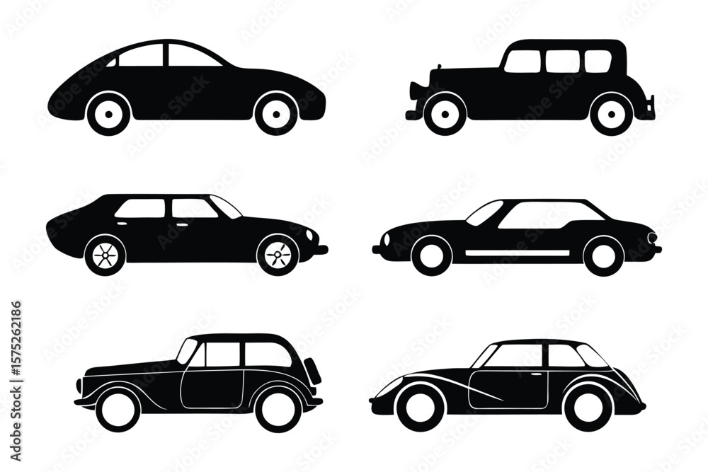 Fototapeta premium Car Silhouette Set: A collection of six sleek car silhouettes, embodying the essence of automotive design through the ages. Perfect for illustrating transport themes.
