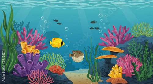 Underwater scene with colorful coral, various fish swimming, and bubbles rising to the surface.