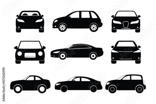 Automotive Silhouettes: A sleek collection of black car silhouettes, capturing various car models in side, front, and angled views. Perfect for automotive design, illustrating car types.