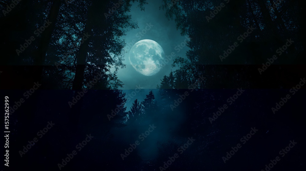 Fototapeta premium Full moon shining over a misty forest.