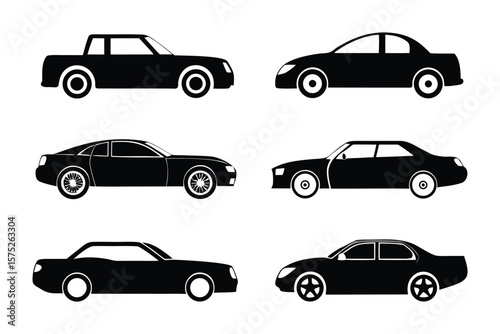 Automobile Silhouettes: A sleek collection of six distinct car silhouettes, representing diverse automotive designs, highlighting the beauty and variety of vehicle aesthetics.
