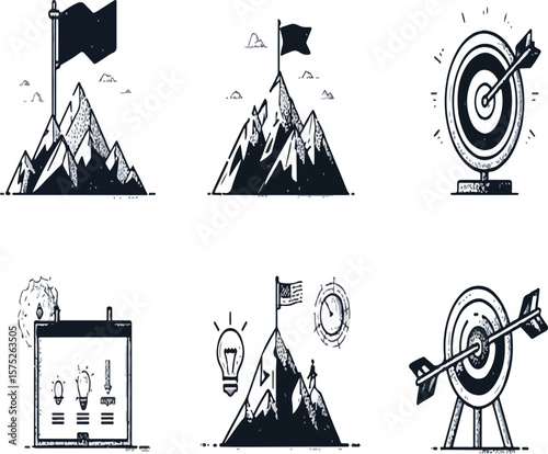 Illustrations of mountains with flags, targets with arrows, and a screen with lightbulbs