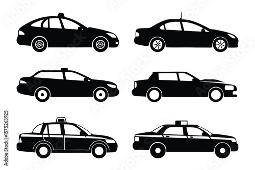 Taxi Fleet: A collection of sleek, black taxi silhouettes showcases the essence of urban mobility, a symbol of reliable transport options