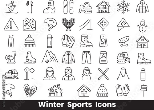 Collection of Skiing, Snowboarding, and Winter Vacation Outline Icons